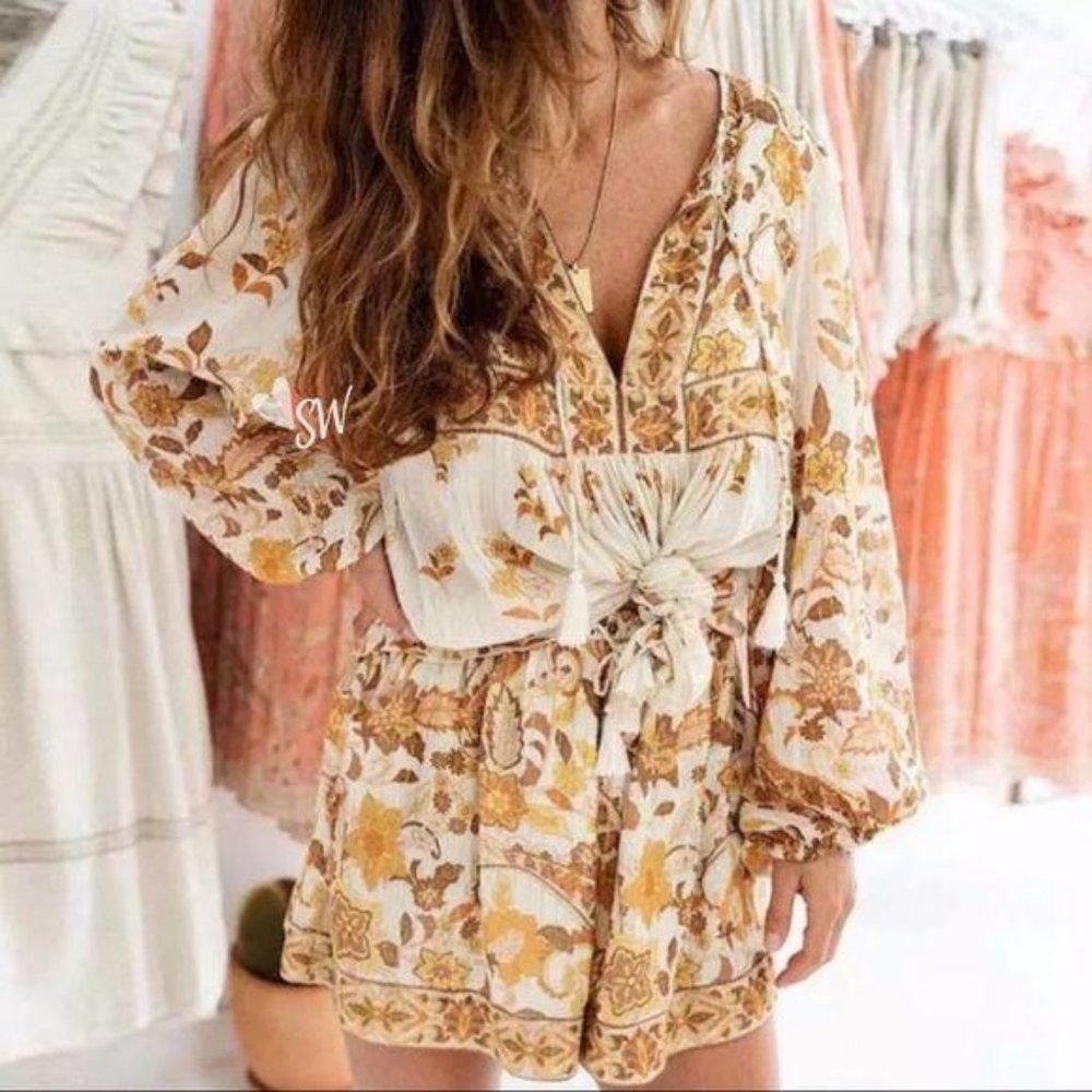 Bohemian Floral Print Tunic Peasant Top Yellow - Picture 2 of 8